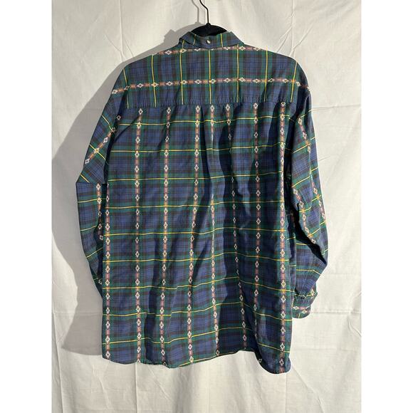 Vintage Shirt Mens Large Blue Plaid Aztec Button Elbow Patch Western Green - Picture 3 of 10